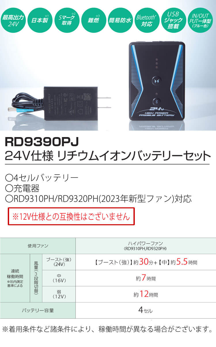 空調風神服 ファンセット(ななめタイプ)+24Vバッテリーセット RD9310PH+RD9390PJ 空調服・ファン付き作業着ならミチオショップ