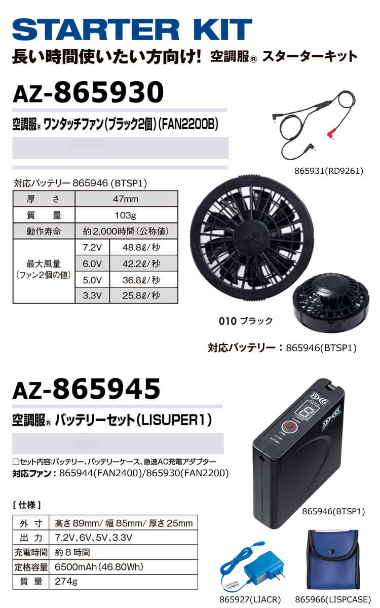 空調服 7.2Vバッテリーファンセット AZ-865963(SKSP02) スターター 